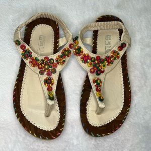 Colorful Wood Beaded Sandals with Beige Faux Leather US Size 6